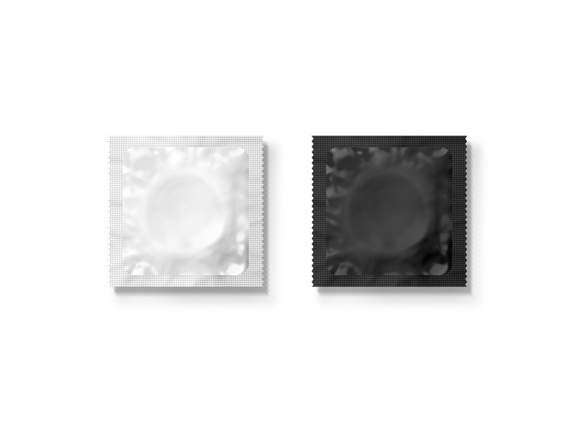 Noppen Kondom - Abbildung eines weißen und eines schwarzen Kondoms, welche verschlossen nebeneinander auf einer weißen Unterlage liegen.