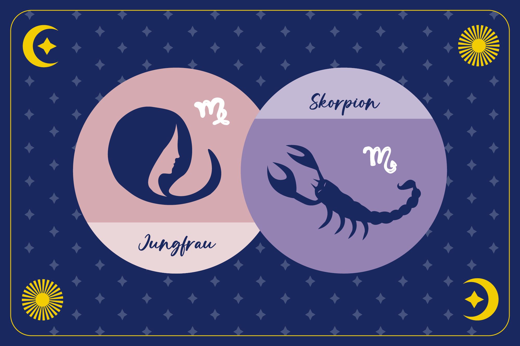 Sternzeichen Skorpion in lilanem Kreis und Sternzeichen Jungfrau in beigem Kreis auf dunkelblauem Hintergrund mit Mond, Sonne und Sternen