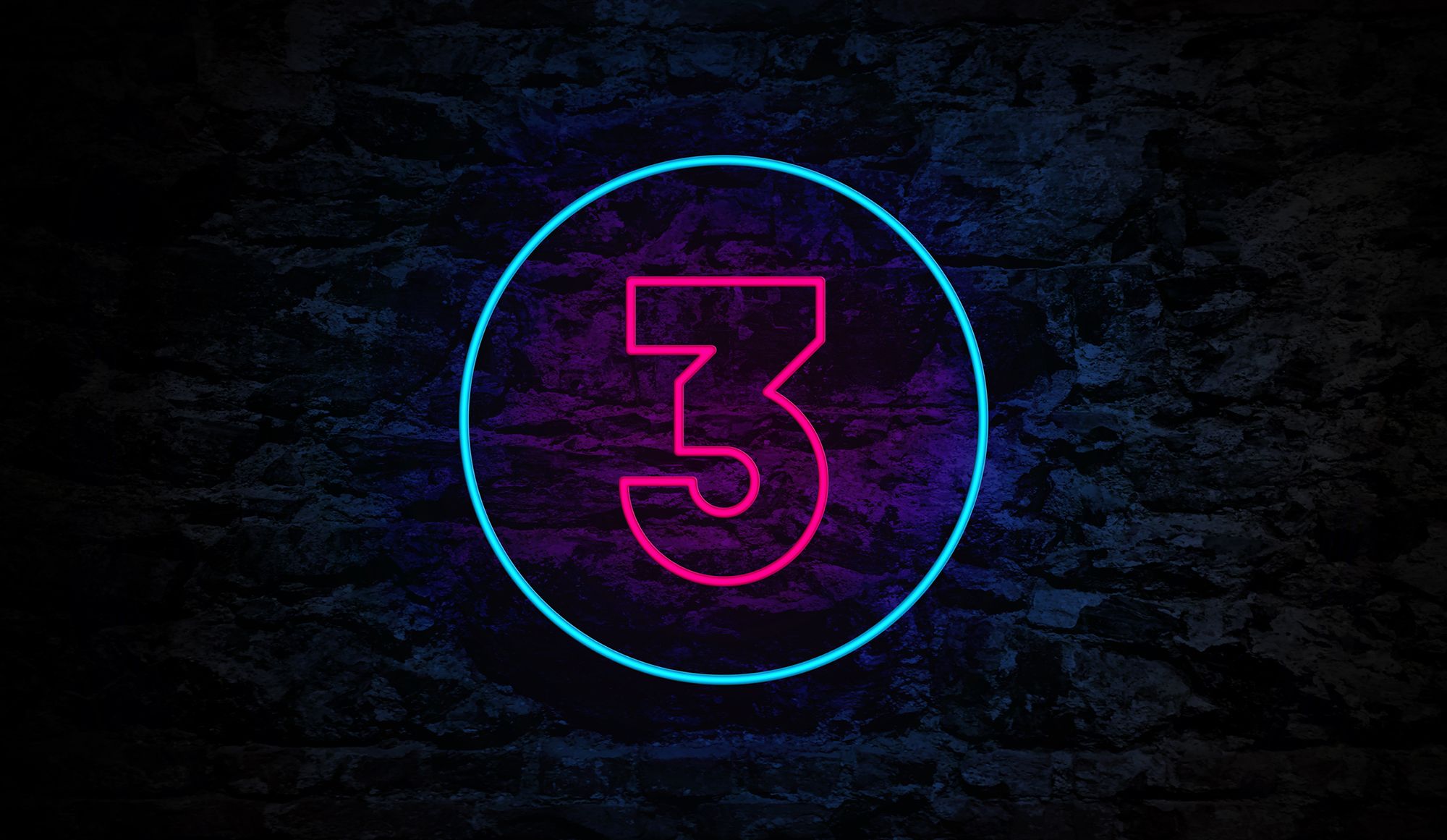 Pinke neon-farbende Drei mit blauem Kreis auf dunklem Hintergrund