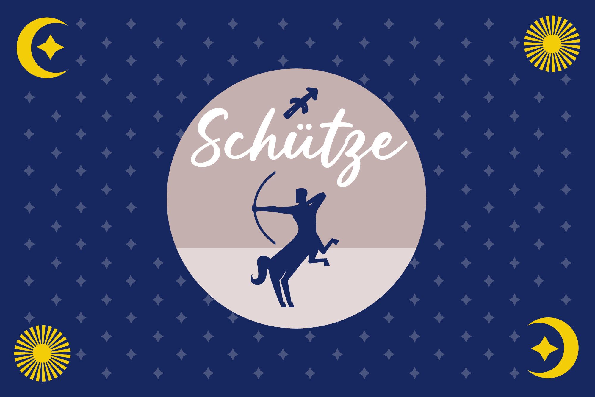 Sternzeichensymbol Schütze auf blauem Hintergrund von Sternen umgeben.