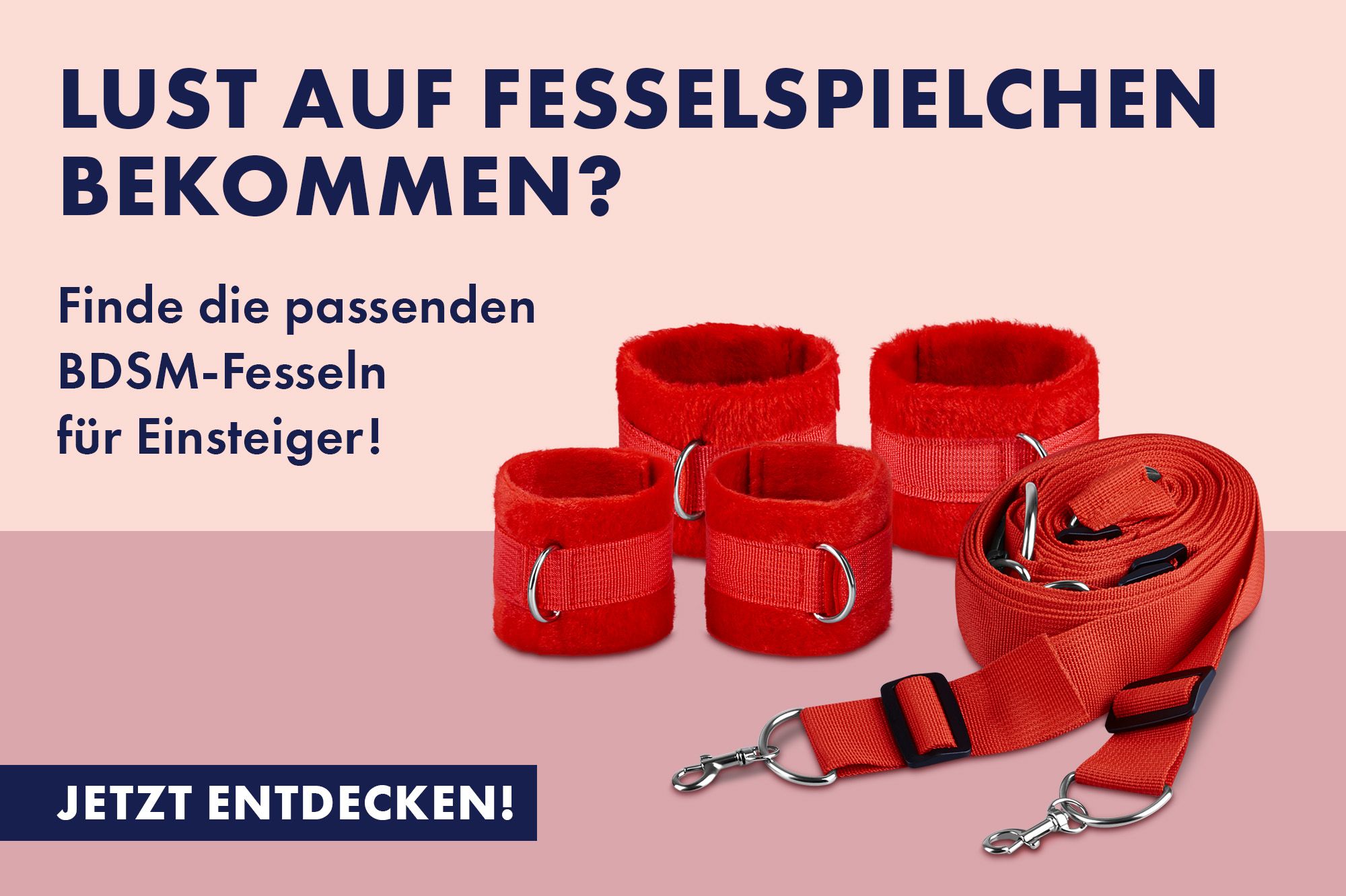 Rote BDSM-Fesseln vor rosa-beige geteiltem Hintergrund