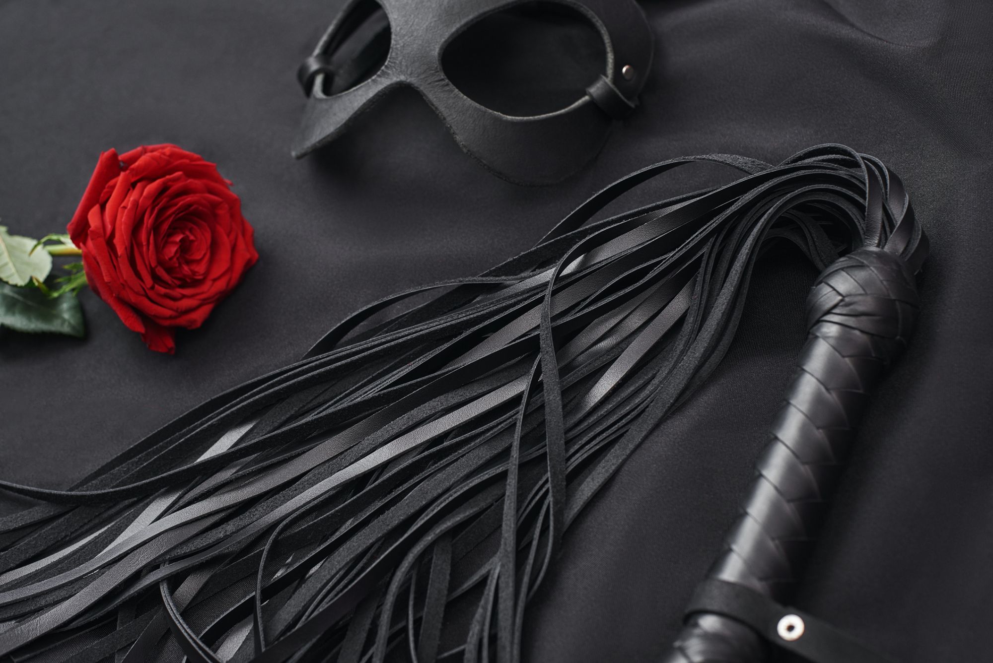 Lederpeitsche, Ledermaske und eine rote Rose