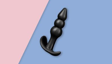 Schwarzer Analdildo mit Kugelstruktur von EIS vor rosa-blauem Hintergrund