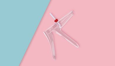 Vaginal-Spekulum für Doktorspiele von EIS auf türkis-rosa geteiltem Hintergrund