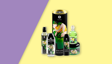 Das Körperpflegeset 'Garden of Edo Collection' von Shunga vor einem hellgelb-lilanen Hintergrund