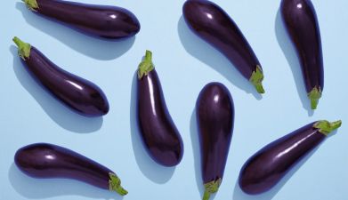 Mehrere Auberginen vor einem hellblauen Hintergrund
