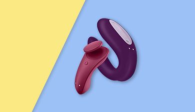 Satisfyer Partnerbox 1 inklusive Apptoys mit Slipvibrator und Paarvibrator vor gelb-blauem Hintergru