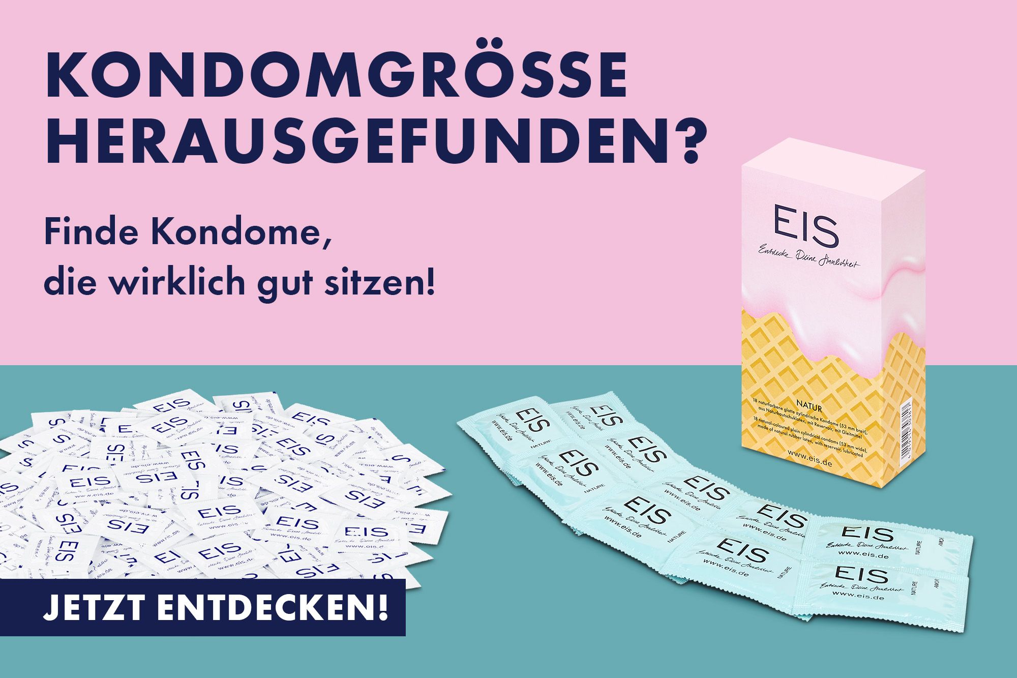 EIS Kondome vor pink-grün geteiltem Hintergrund