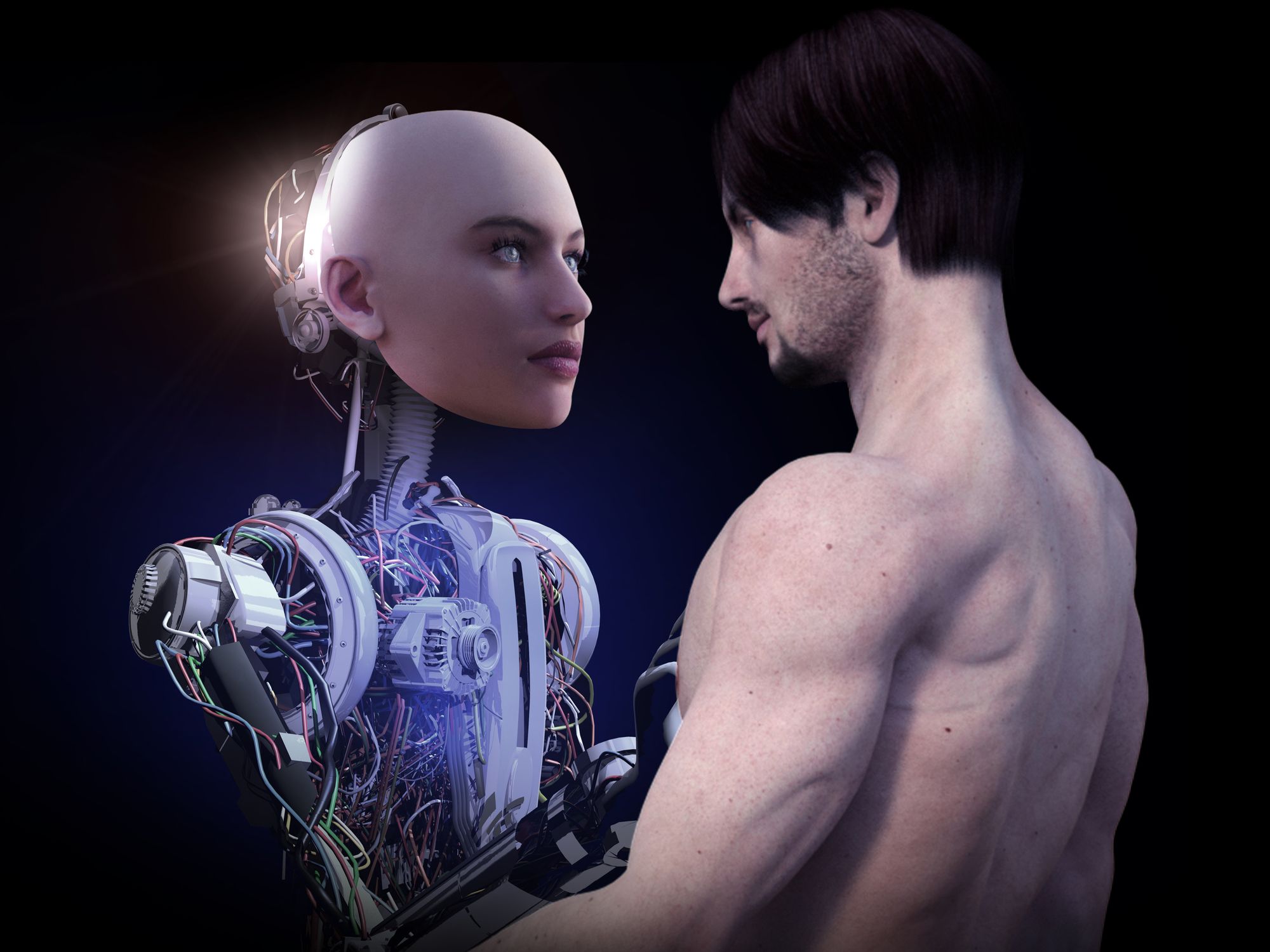 Weiblicher Roboter umarmt einen nackten Mann