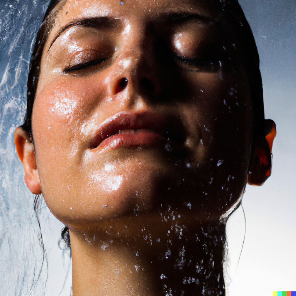 Wasser spritzt in das Gesicht einer Frau