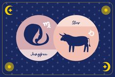 Sternzeichen Stier in pfirsichfarbenem Kreis und Sternzeichen Jungfrau in beigem Kreis auf dunkelblauem Hintergrund mit Mond, Sonne und Sternen