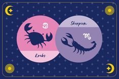 Sternzeichen Skorpion in lilanem Kreis und Sternzeichen Krebs in pinkem Kreis auf dunkelblauem Hintergrund mit Mond, Sonne und Sternen