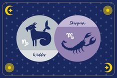 Sternzeichen Skorpion in lilanem Kreis und Sternzeichen Widder in grauem Kreis auf dunkelblauem Hintergrund mit Mond, Sonne und Sternen