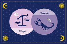 Sternzeichen Skorpion in lilanem Kreis und Sternzeichen Waage in hellrosanem Kreis auf dunkelblauem Hintergrund mit Mond, Sonne und Sternen