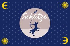 Sternzeichensymbol Schütze auf blauem Hintergrund von Sternen umgeben.