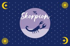 Sternzeichensymbol Skorpion auf blauem Hintergrund von Sternen umgeben.