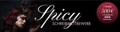 Links ist ein Pärchen im düsteren Stil zu sehen, in der Mitte steht die Headline "Spicy Schreibwettbewerb"