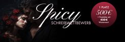 Links ist ein Pärchen im düsteren Stil zu sehen, in der Mitte steht die Headline "Spicy Schreibwettbewerb"