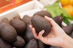 Frau hält eine Avocado in der Hand und drückt sie