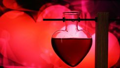 Reagenzglas in Herzform, welches mit einer Flüssigkeit gefüllt ist mit roten Herzen im Hintergrund