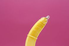 Gelbe Banane mit einem Kondom vor beerenfarbenem Hintergrund
