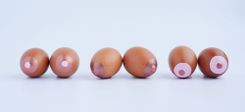 Sechs bemalte Eier die aussehen wie Brüste