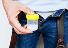 Mann mit geöffneter Hose hält einen Becher mit Sperma in der Hand