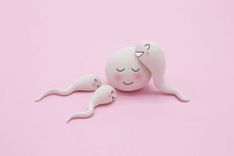 Spermien und Eizelle vor rosa Hintergrund