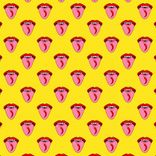 Münder mit ausgestreckte Zungen mit einer Chili-Schote auf gelb-gepunktetem Hintergrund